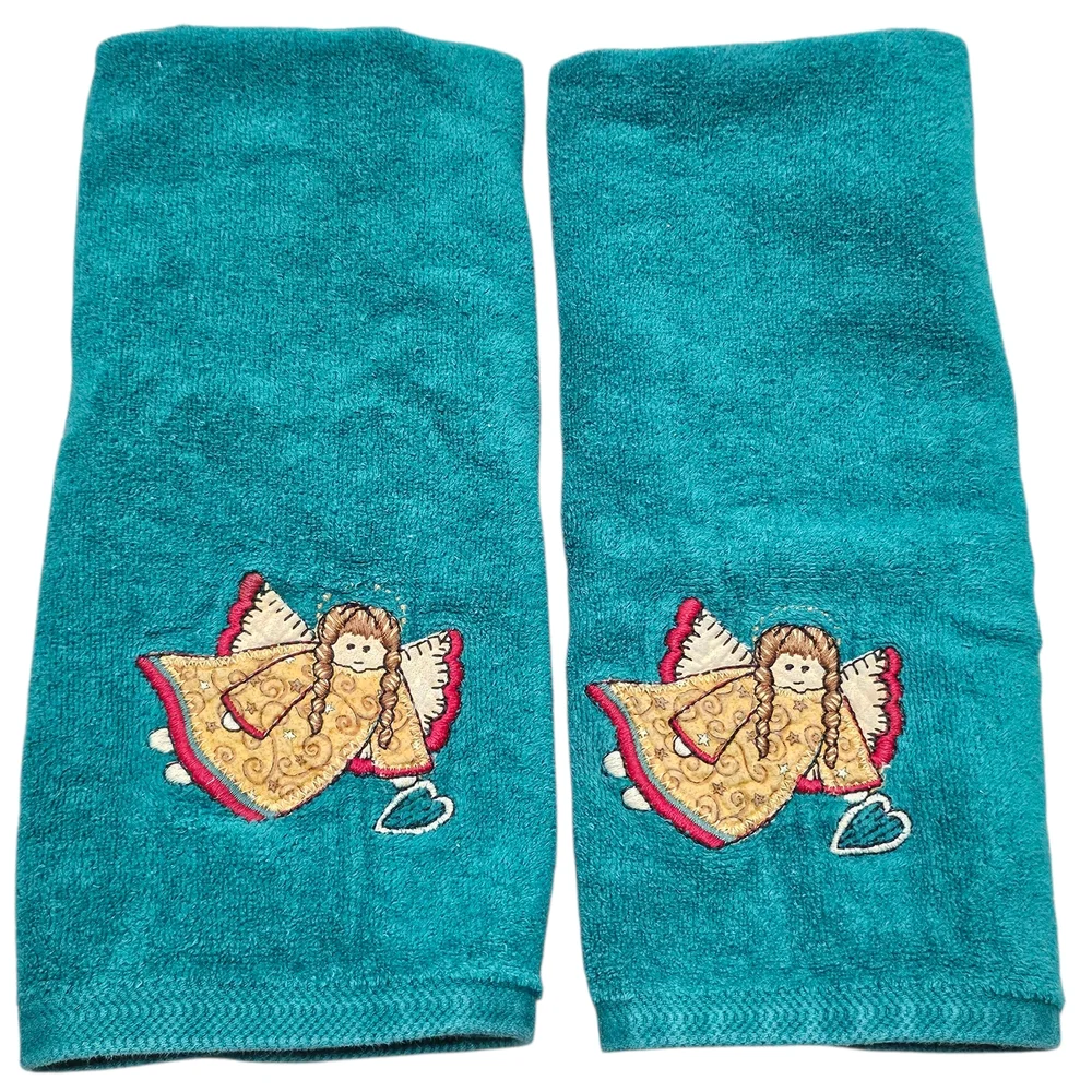 Green Embroidered Angel Christmas Hand Towels Set Made In USA 100% Cotton VTG